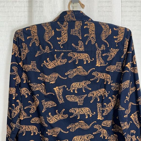 J. Crew S Navy Caramel Brown Tiger Print Signature Fit Stretch Cotton Shirt - Picture 5 of 13